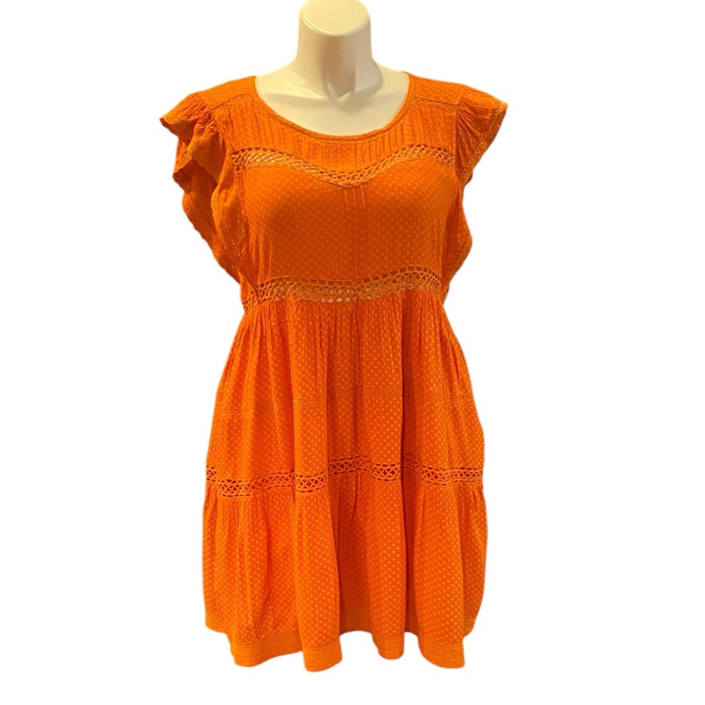 Free People Orange Mini Dress with Pockets Lace Trim Accents Size Medium